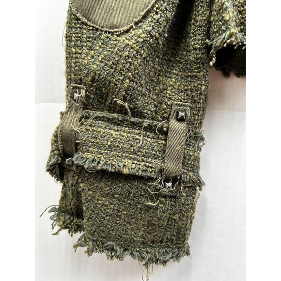 Maison Crescent Olive Bouclé Moto Jacket Raw Hem Distressed Military Style LARGE - Picture 9 of 10
